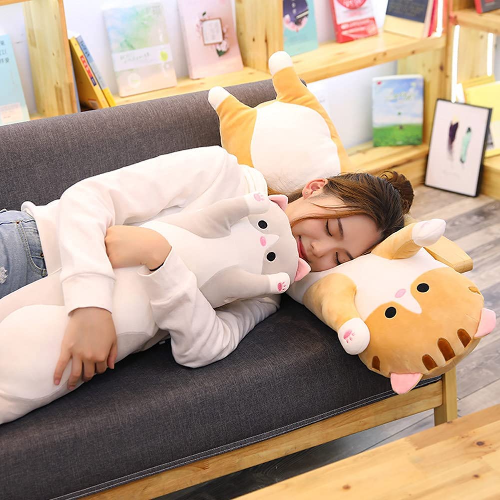 Long Body Cat Plush Pillow – 19-Inch Soft Cuddle Toy for Kids and Adults (Orange)