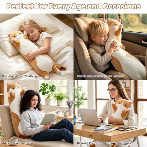 Long Cat Pillow 19.7 Inch – Soft Stretchy Plush for Kids and Travel – Brown