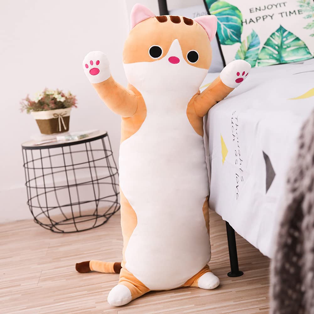Long Cat Plush Pillow 19.68 Inches - Stretch Velvet Cuddle Toy for Kids, Brown