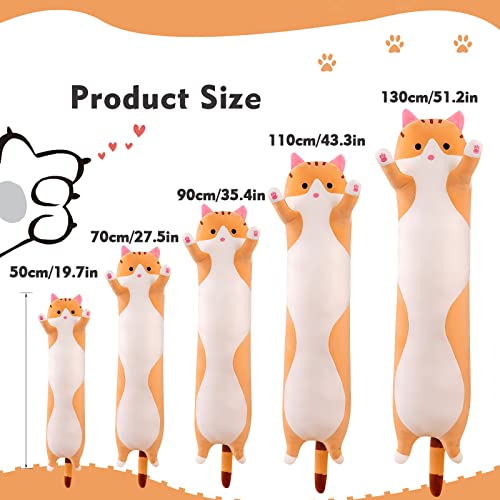 Long Cat Plush Pillow 19.6in Yellow Kawaii Kitten Soft Stuffed Animal Toy Gift