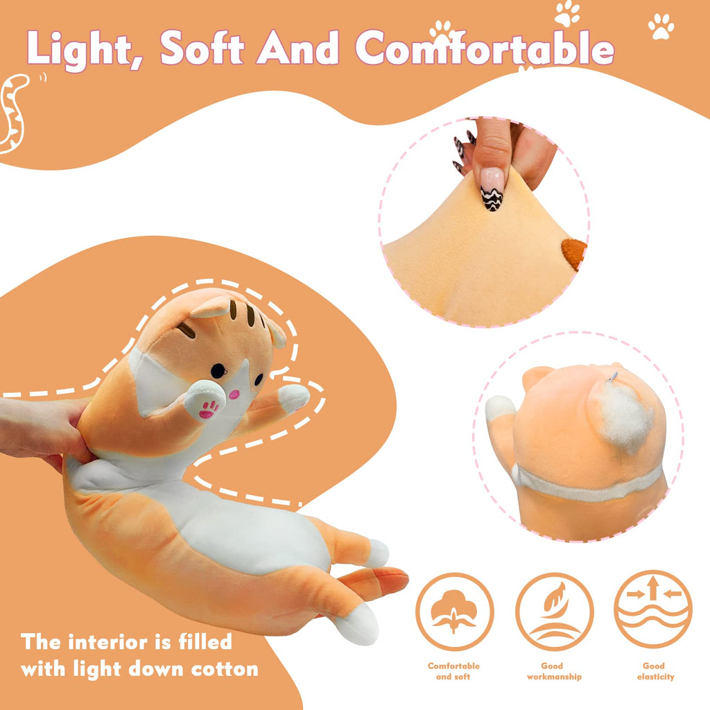 Long Cat Plush Pillow 19.6in Yellow Kawaii Kitten Soft Stuffed Animal Toy Gift