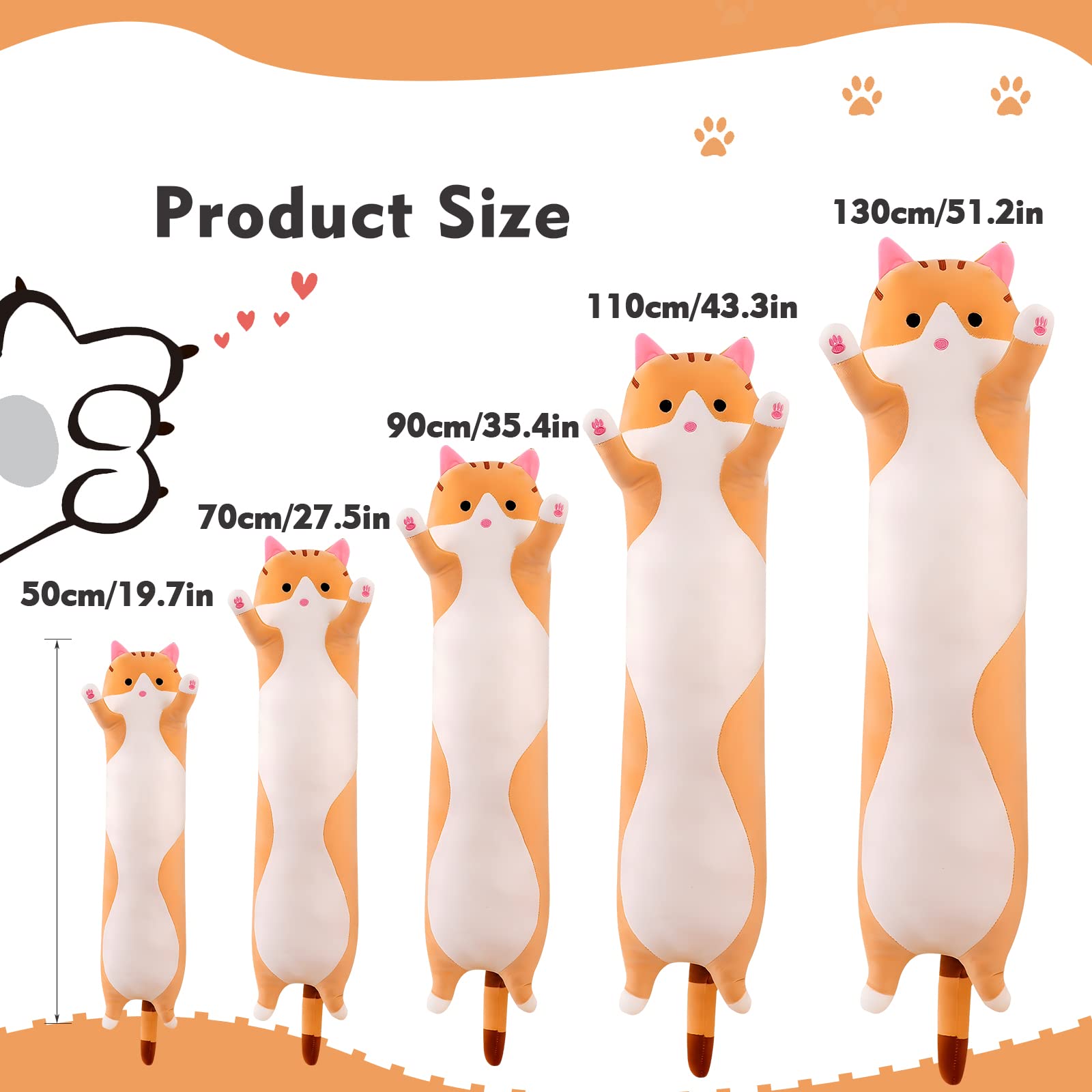 Long Cat Plush Pillow 19.6in Yellow Kawaii Kitten Soft Stuffed Animal Toy Gift