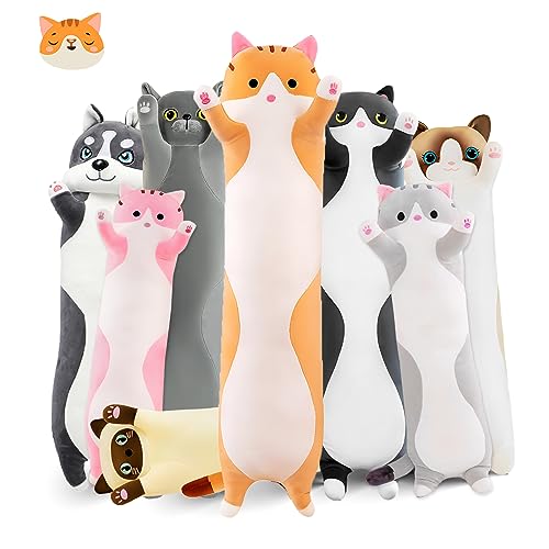 Long Cat Plush Pillow 19.6in Yellow Kawaii Kitten Soft Stuffed Animal Toy Gift