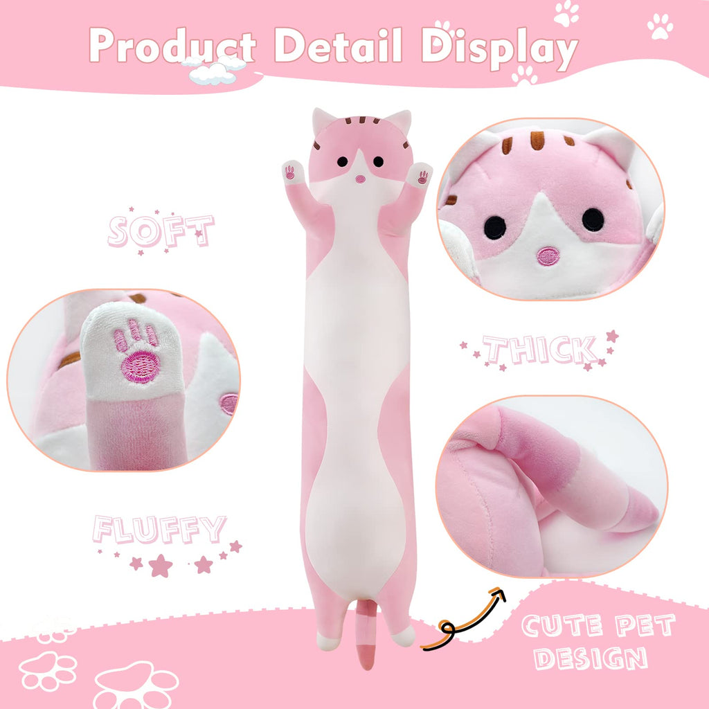 Long Cat Plush Pillow 19.7in – Cute Pink Kawaii Stuffed Animal Body Pillow by NXNYNZ