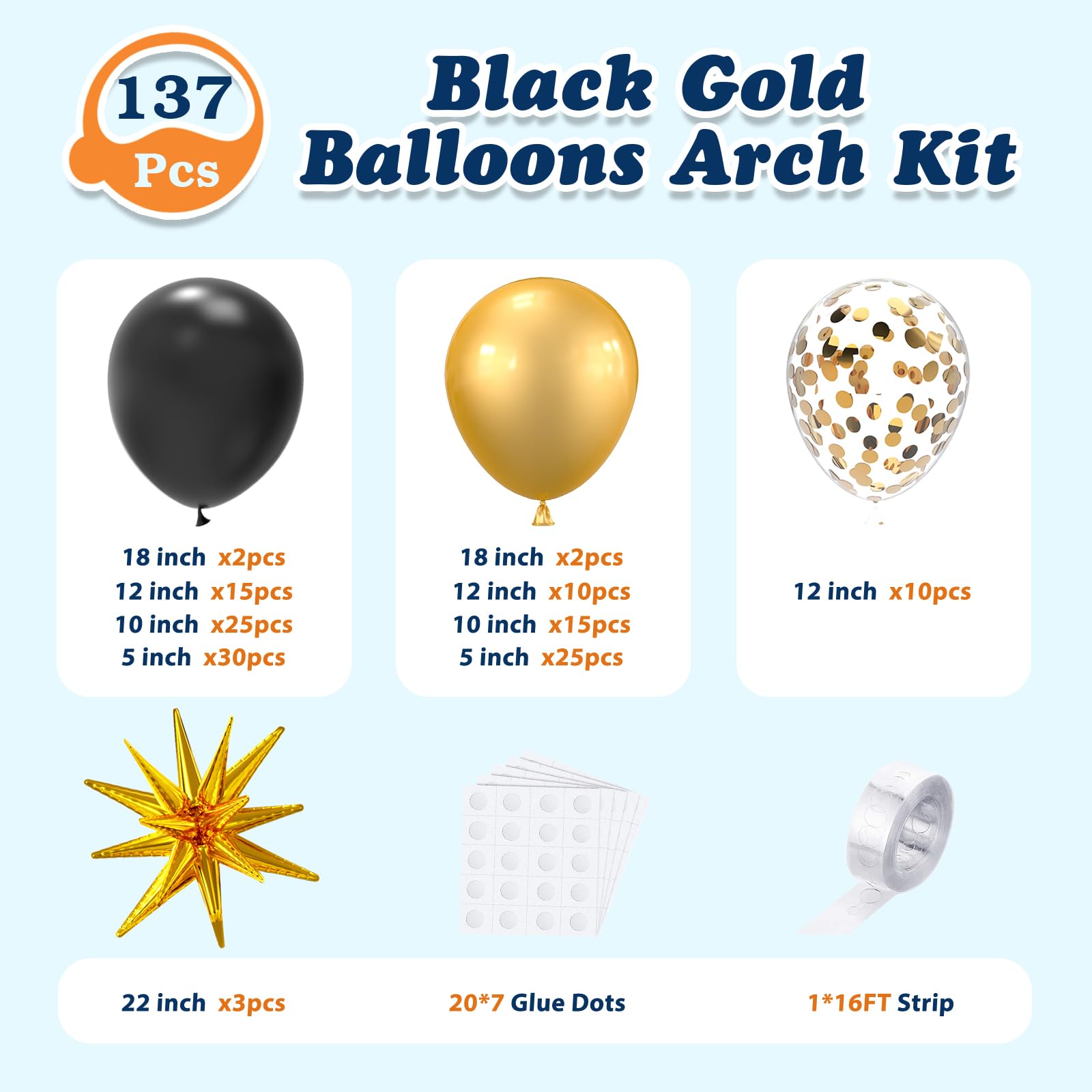 LOOLEY 137-Piece Black and Gold Balloon Garland Arch Kit with Stars for Graduation, Birthday, Retirement, and New Year Parties