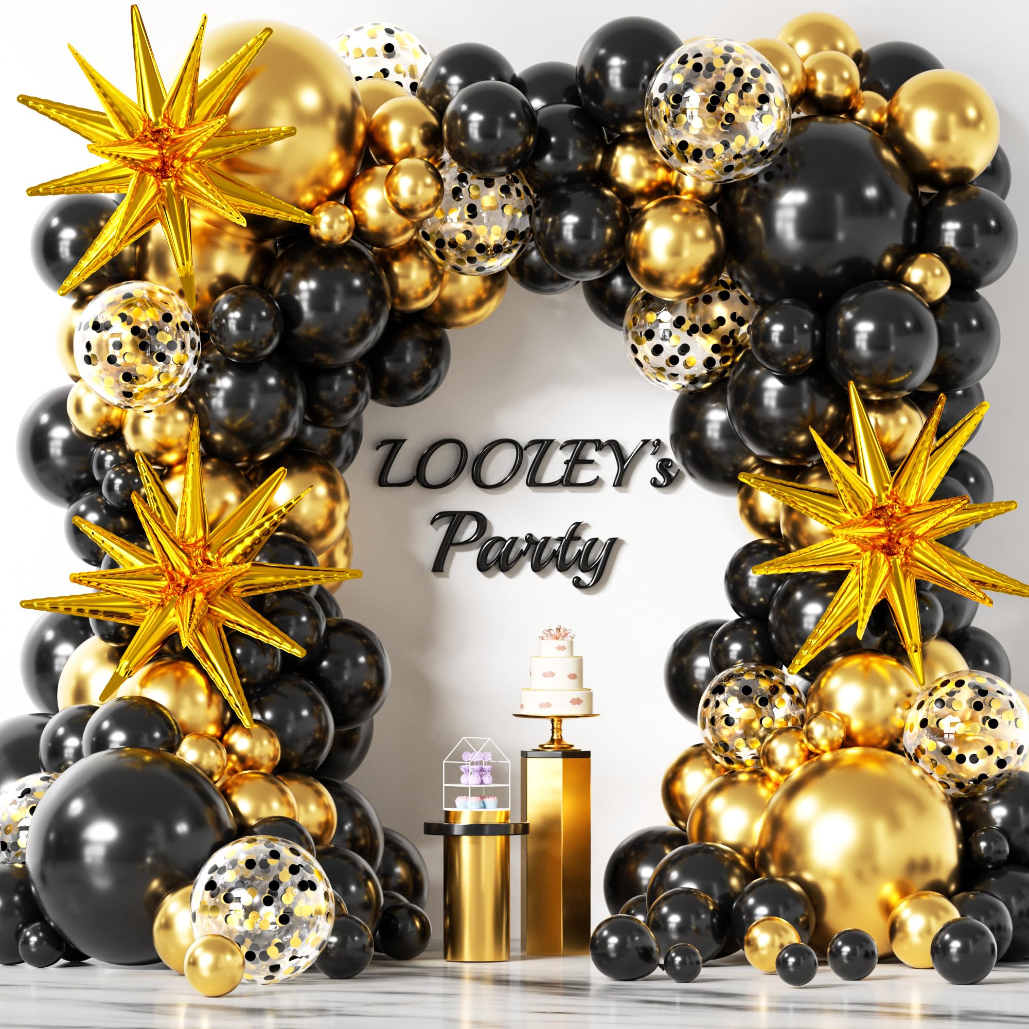LOOLEY 137-Piece Black and Gold Balloon Garland Arch Kit with Stars for Graduation, Birthday, Retirement, and New Year Parties