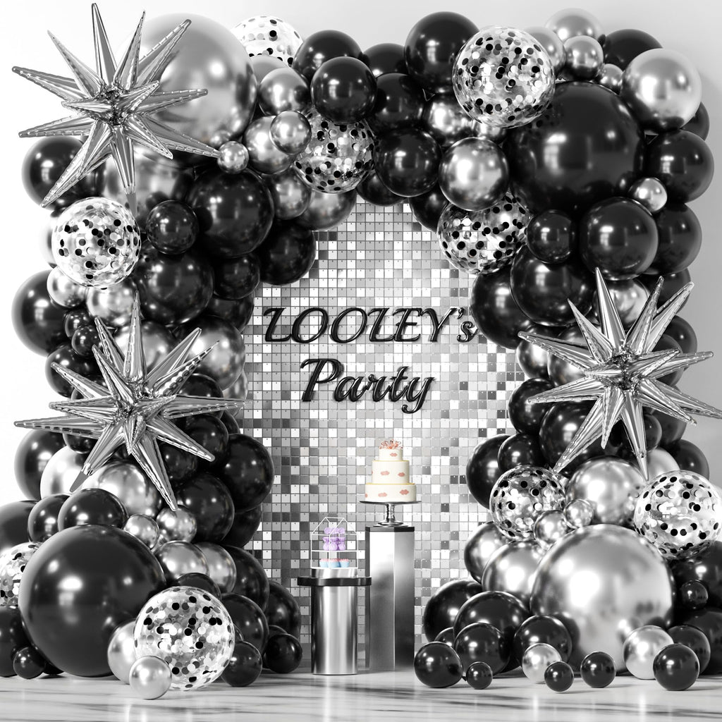 LOOLEY 137-Piece Black & Silver Balloon Arch Kit with Star Balloons – Graduation, Birthday, Retirement Party Decor