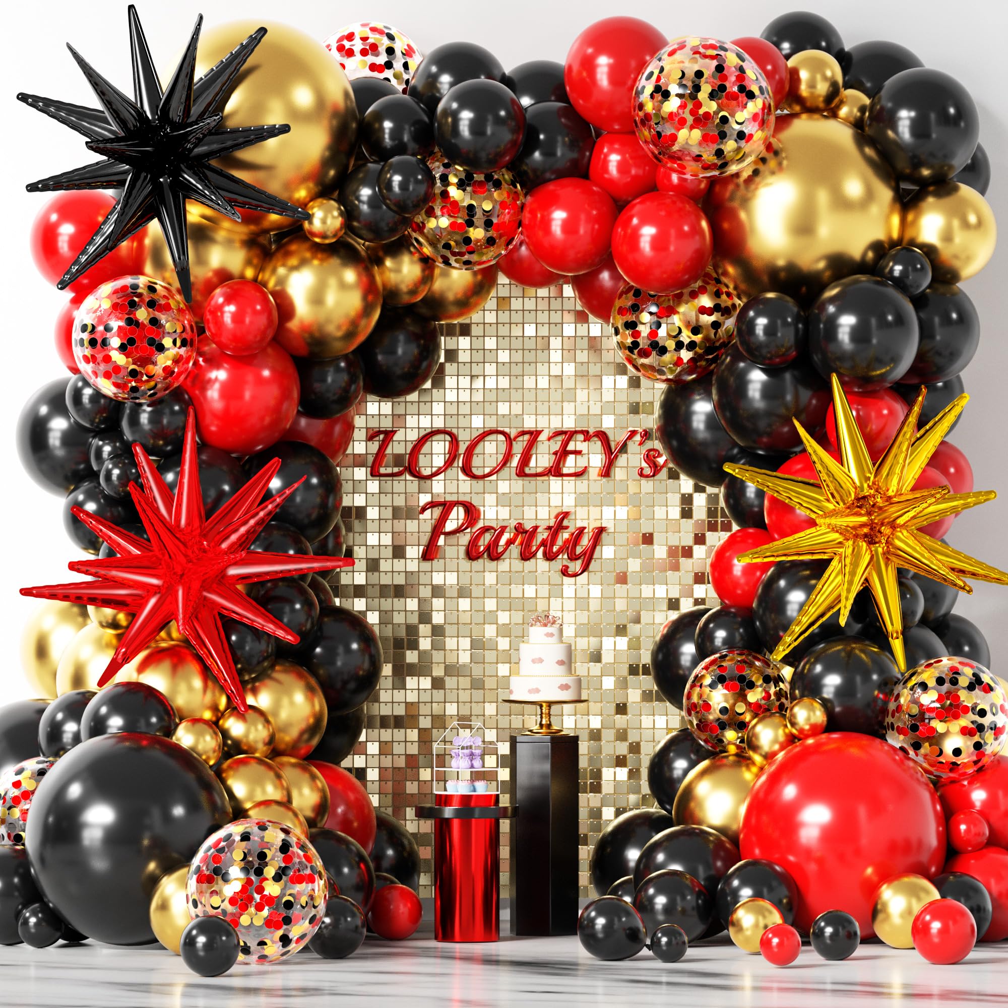 LOOLEY 137-Piece Red Black Gold Balloon Garland Arch Kit with Starburst Balloons - Graduation Hollywood Casino Decor