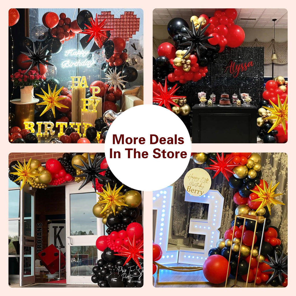 LOOLEY 137-Piece Red Black Gold Balloon Garland Arch Kit with Starburst Balloons - Graduation Hollywood Casino Decor
