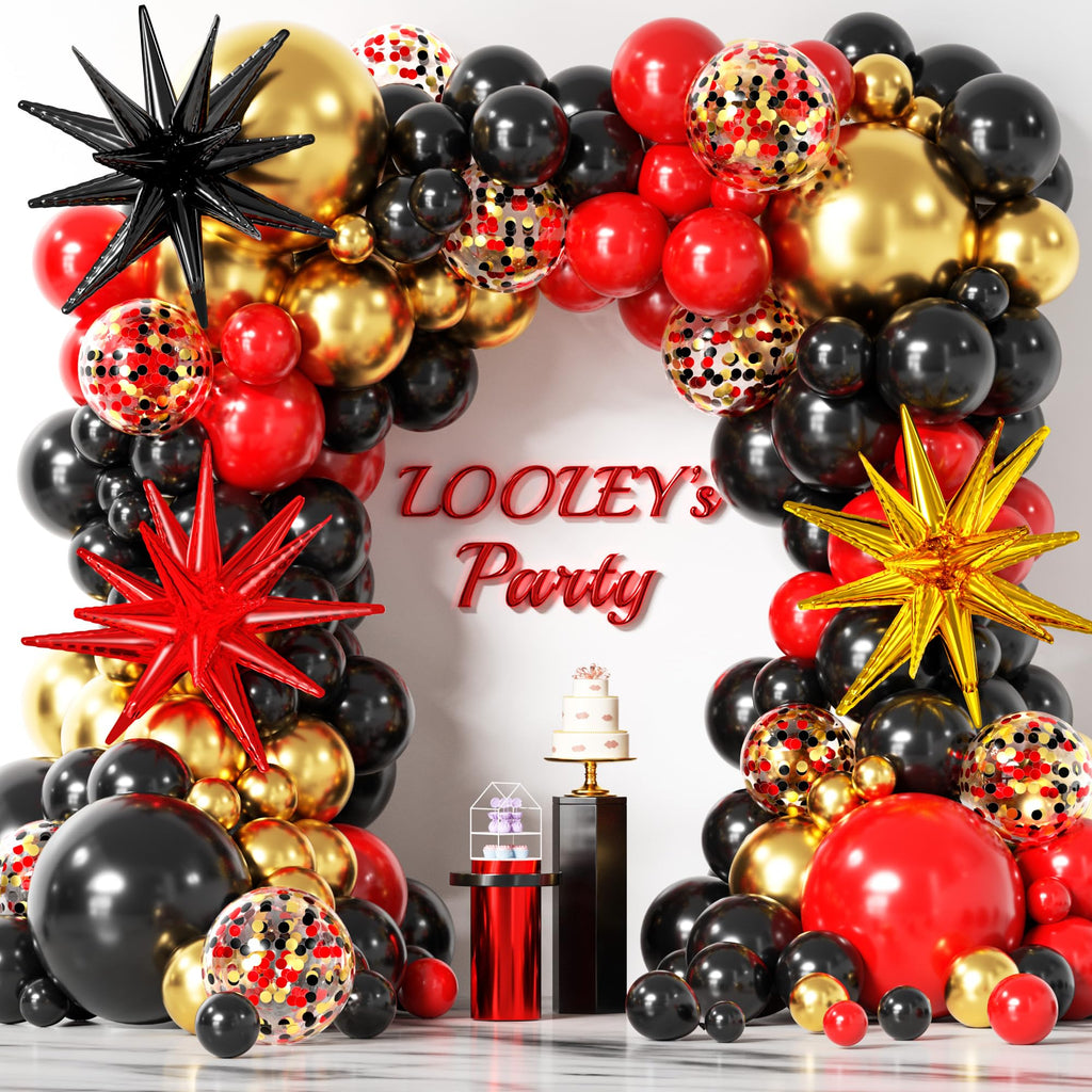 LOOLEY 137-Piece Red Black Gold Balloon Garland Arch Kit with Starburst Balloons - Graduation Hollywood Casino Decor