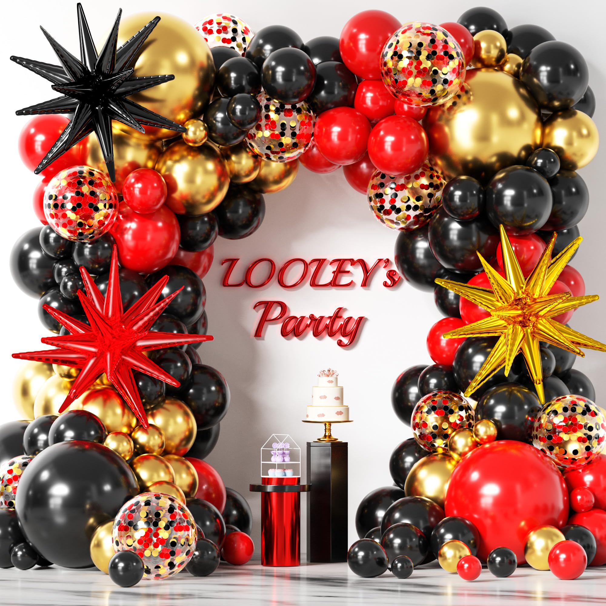 LOOLEY 137-Piece Red Black Gold Balloon Garland Arch Kit with Starburst Balloons - Graduation Hollywood Casino Decor