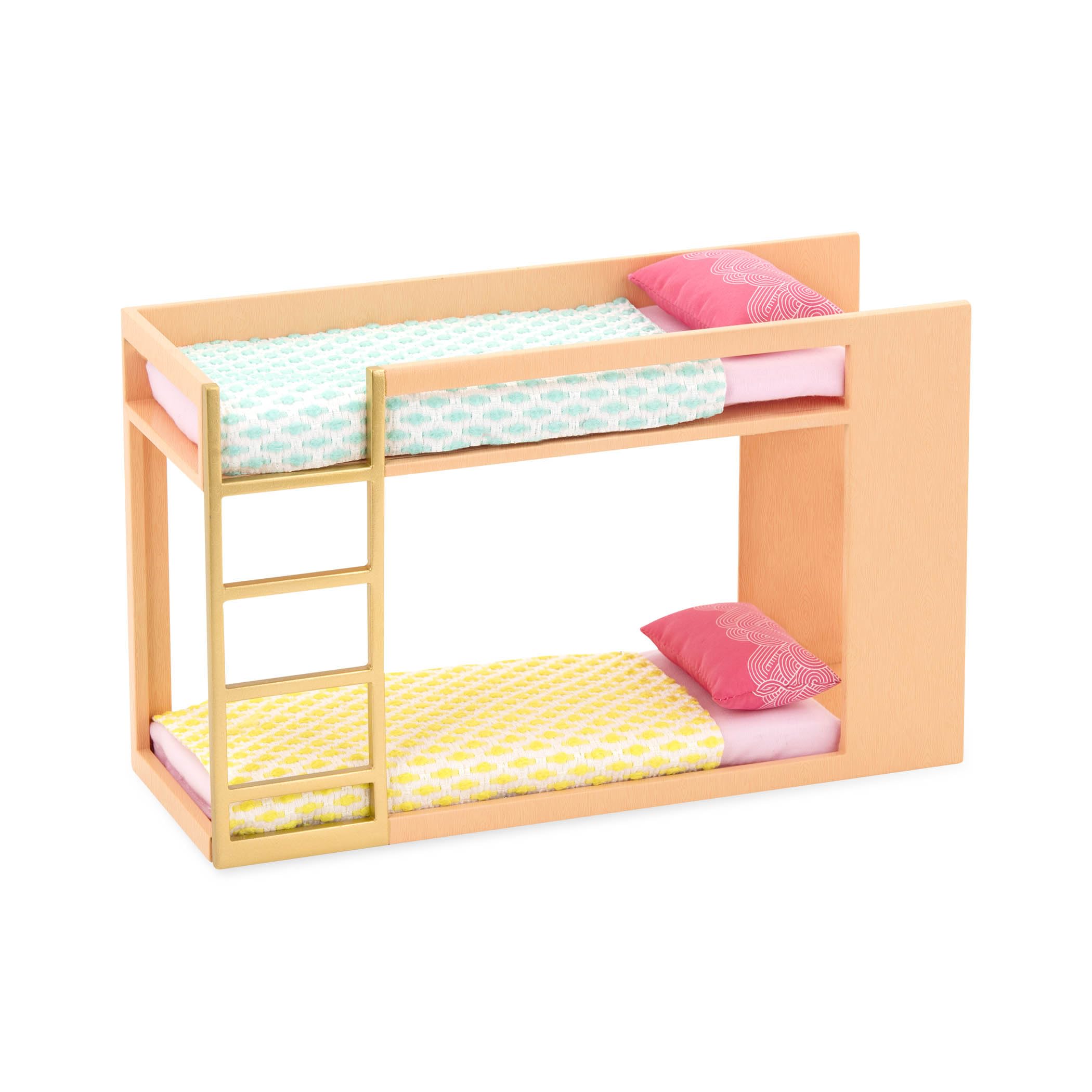 Lori Urban Chic Bunk Bed Set for 6-Inch Mini Dolls – Dollhouse Furniture with Ladder, Mattresses, Pillows, and Blankets