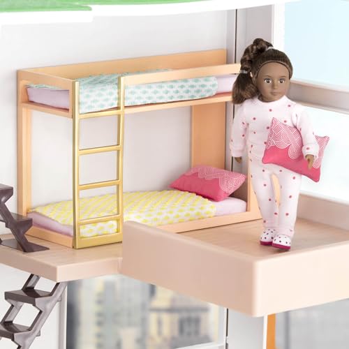 Lori Urban Chic Bunk Bed Set for 6-Inch Mini Dolls – Dollhouse Furniture with Ladder, Mattresses, Pillows, and Blankets