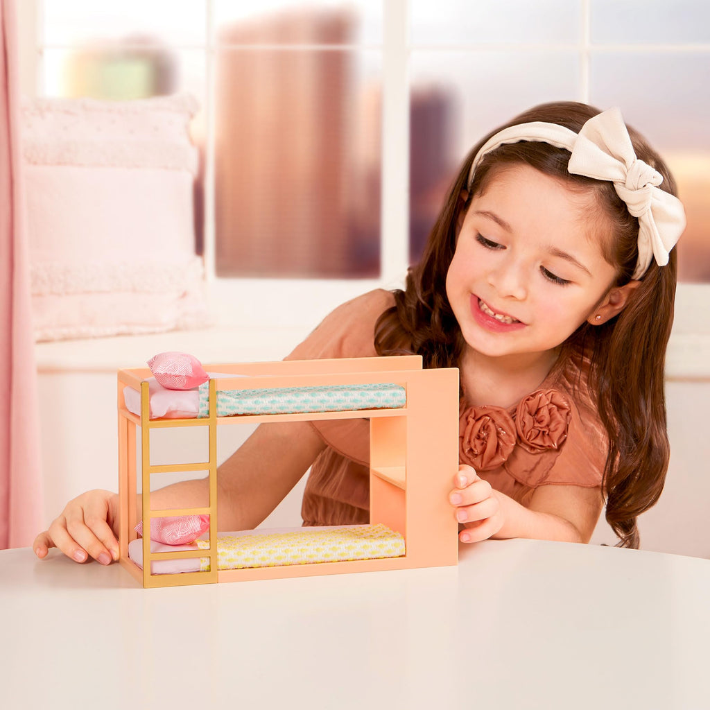 Lori Urban Chic Bunk Bed Set for 6-Inch Mini Dolls – Dollhouse Furniture with Ladder, Mattresses, Pillows, and Blankets