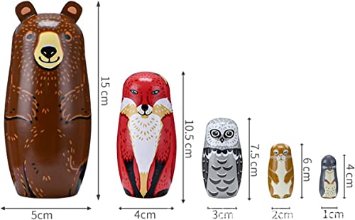 Lorveelo Handmade Wooden Animal Nesting Dolls Set of 5 - Brown Bear, Fox, Owl, Rabbit, Raccoon Matryoshka