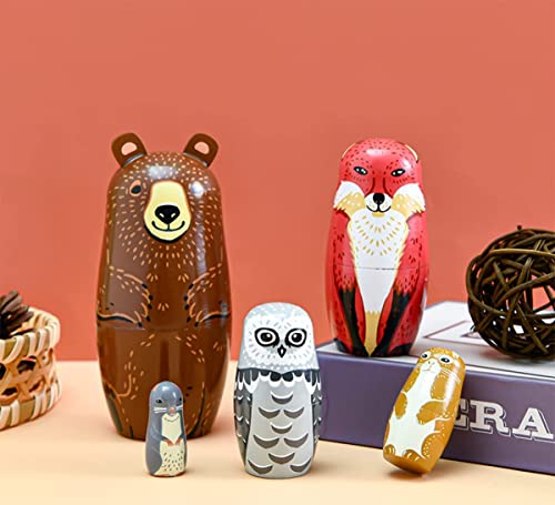 Lorveelo Handmade Wooden Animal Nesting Dolls Set of 5 - Brown Bear, Fox, Owl, Rabbit, Raccoon Matryoshka