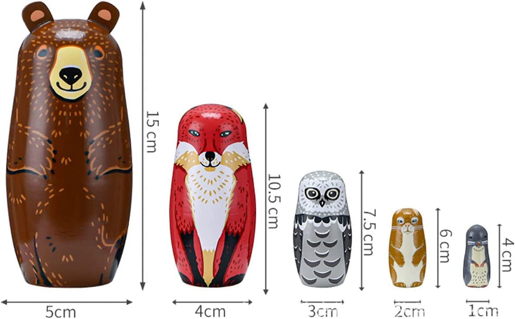 Lorveelo Handmade Wooden Animal Nesting Dolls Set of 5 - Brown Bear, Fox, Owl, Rabbit, Raccoon Matryoshka