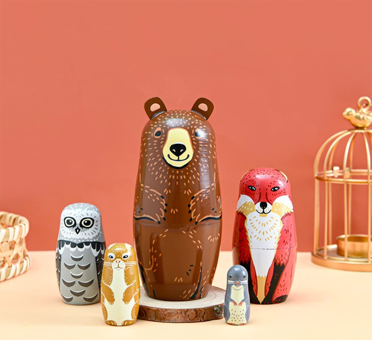 Lorveelo Handmade Wooden Animal Nesting Dolls Set of 5 - Brown Bear, Fox, Owl, Rabbit, Raccoon Matryoshka