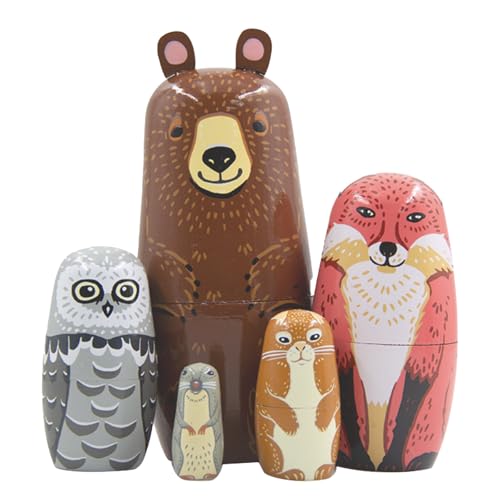 Lorveelo Handmade Wooden Animal Nesting Dolls Set of 5 - Brown Bear, Fox, Owl, Rabbit, Raccoon Matryoshka