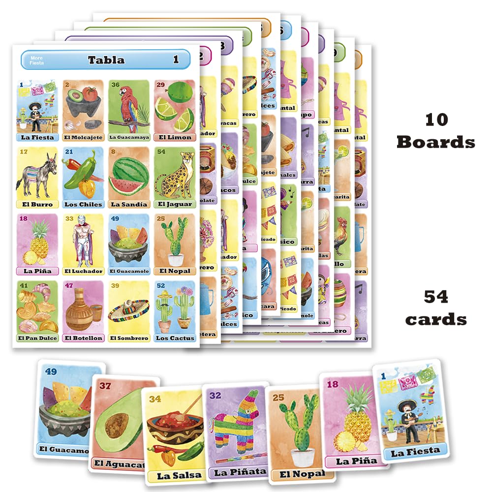 Loteria Fiesta Mexican Bingo Game Set for 10 Players - 54 Calling Cards & 10 Boards