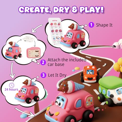 LOUFOR Air Dry Clay Kit for Kids – Make 3 Pull-Back Cars, Ultra-Light Modeling Clay with Tools & Tutorial