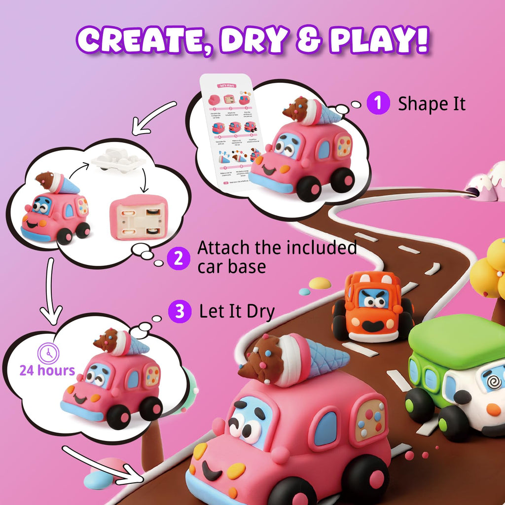 LOUFOR Air Dry Clay Kit for Kids – Make 3 Pull-Back Cars, Ultra-Light Modeling Clay with Tools & Tutorial
