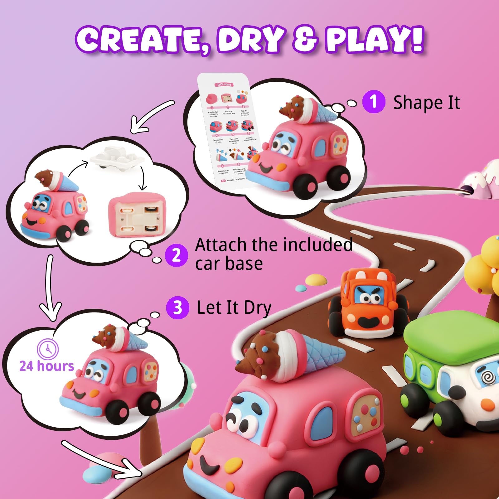 LOUFOR Air Dry Clay Kit for Kids – Make 3 Pull-Back Cars, Ultra-Light Modeling Clay with Tools & Tutorial