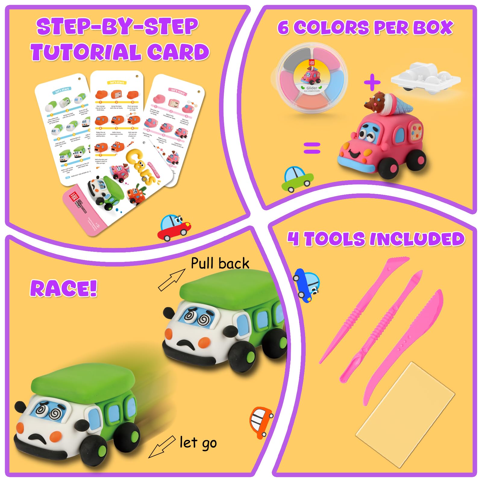 LOUFOR Air Dry Clay Kit for Kids – Make 3 Pull-Back Cars, Ultra-Light Modeling Clay with Tools & Tutorial