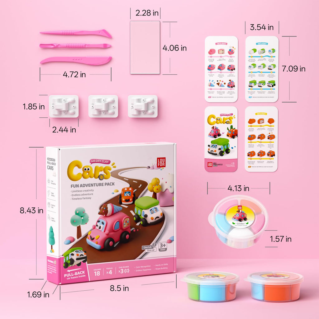LOUFOR Air Dry Clay Kit for Kids – Make 3 Pull-Back Cars, Ultra-Light Modeling Clay with Tools & Tutorial
