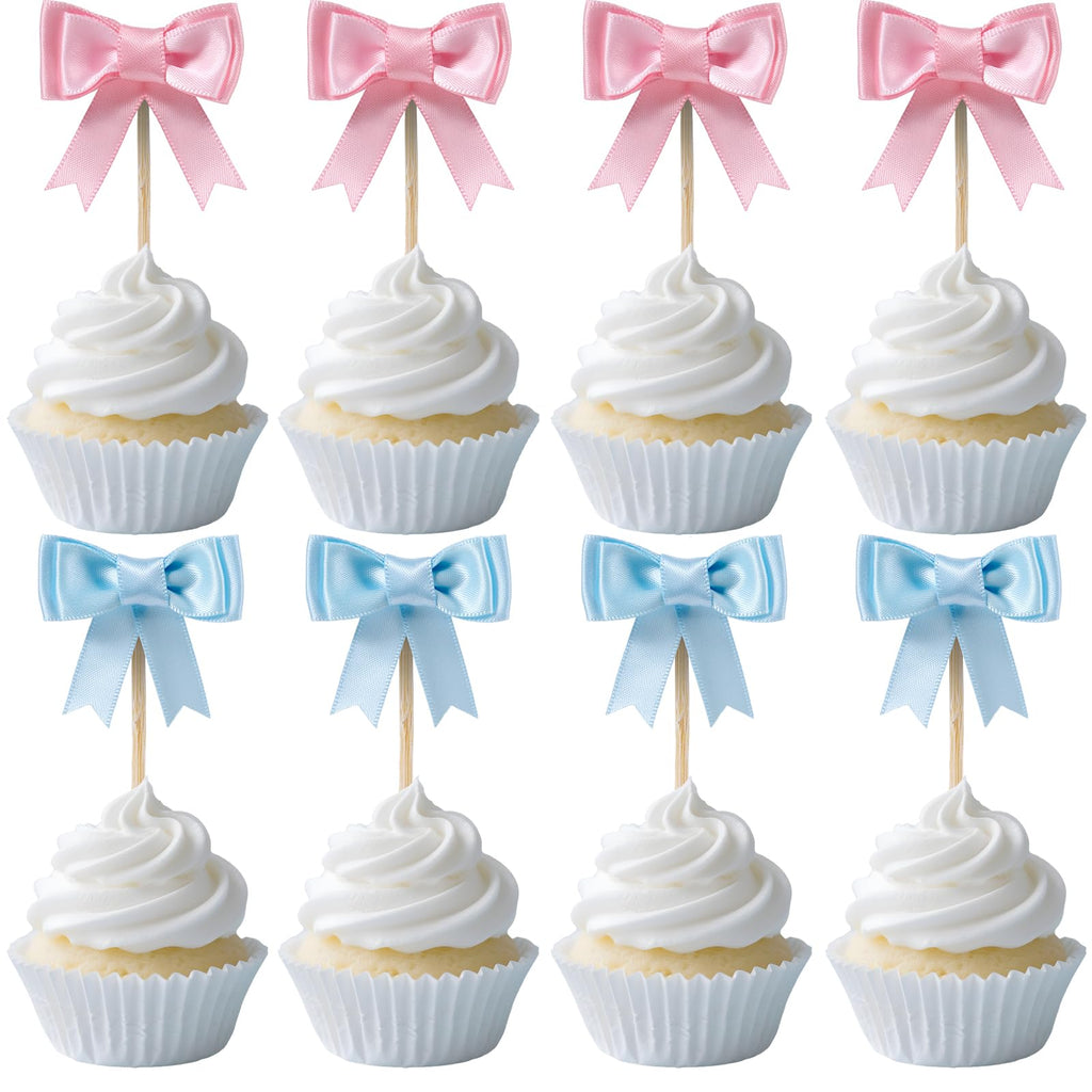 Lovarywow 30-Pack Pink and Blue Bow Cupcake Toppers for Gender Reveal, Baby Shower, and Birthday Parties