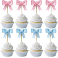 Lovarywow 30-Pack Pink and Blue Bow Cupcake Toppers for Gender Reveal, Baby Shower, and Birthday Parties