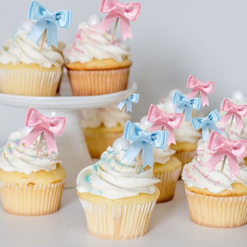 Lovarywow 30-Pack Pink and Blue Bow Cupcake Toppers for Gender Reveal, Baby Shower, and Birthday Parties