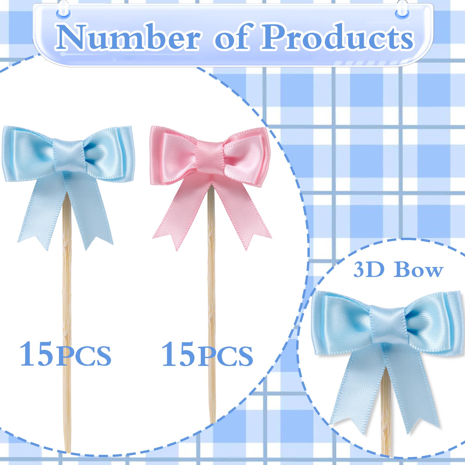 Lovarywow 30-Pack Pink and Blue Bow Cupcake Toppers for Gender Reveal, Baby Shower, and Birthday Parties