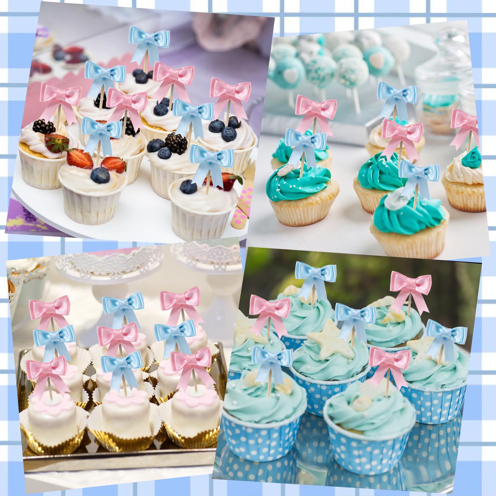 Lovarywow 30-Pack Pink and Blue Bow Cupcake Toppers for Gender Reveal, Baby Shower, and Birthday Parties
