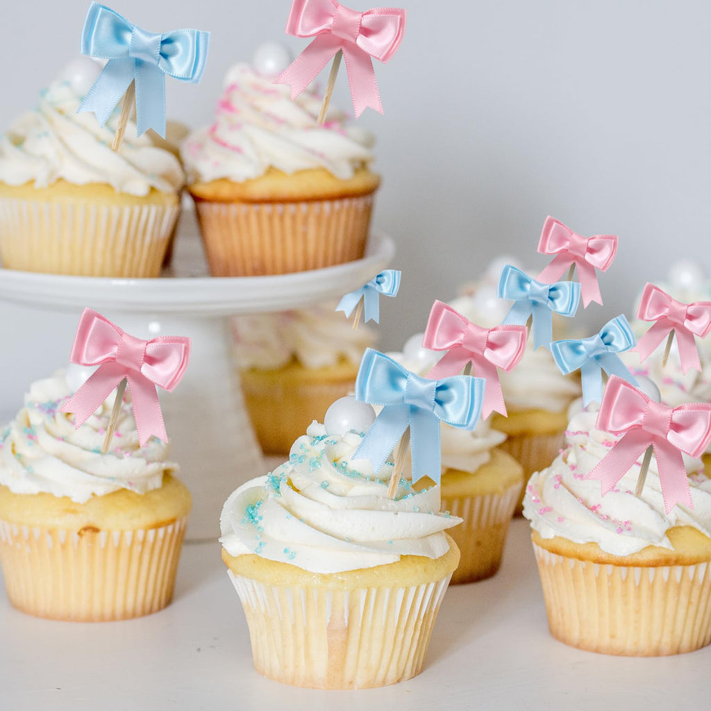 Lovarywow 30-Pack Pink and Blue Bow Cupcake Toppers for Gender Reveal, Baby Shower, and Birthday Parties