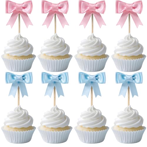 Lovarywow 30-Pack Pink and Blue Bow Cupcake Toppers for Gender Reveal, Baby Shower, and Birthday Parties