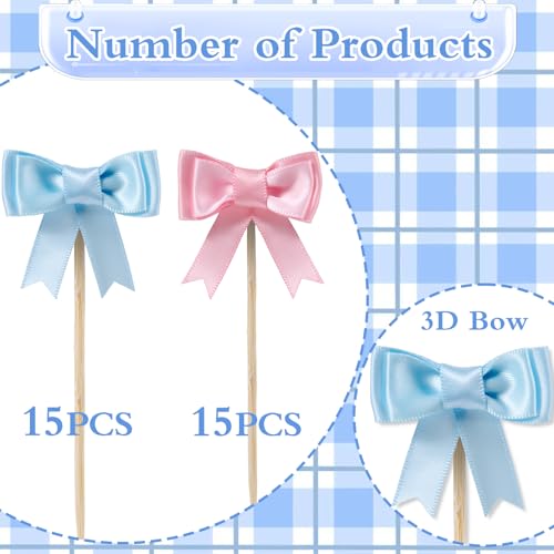 Lovarywow 30-Pack Pink and Blue Bow Cupcake Toppers for Gender Reveal, Baby Shower, and Birthday Parties