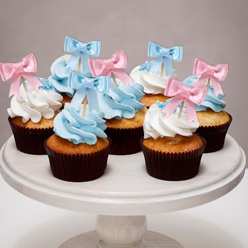 Lovarywow 30-Pack Pink and Blue Bow Cupcake Toppers for Gender Reveal, Baby Shower, and Birthday Parties