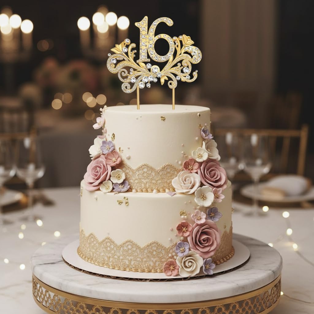 Lovelyshop Gold Wings Cake Topper with Crystals – Sweet 16 Decoration