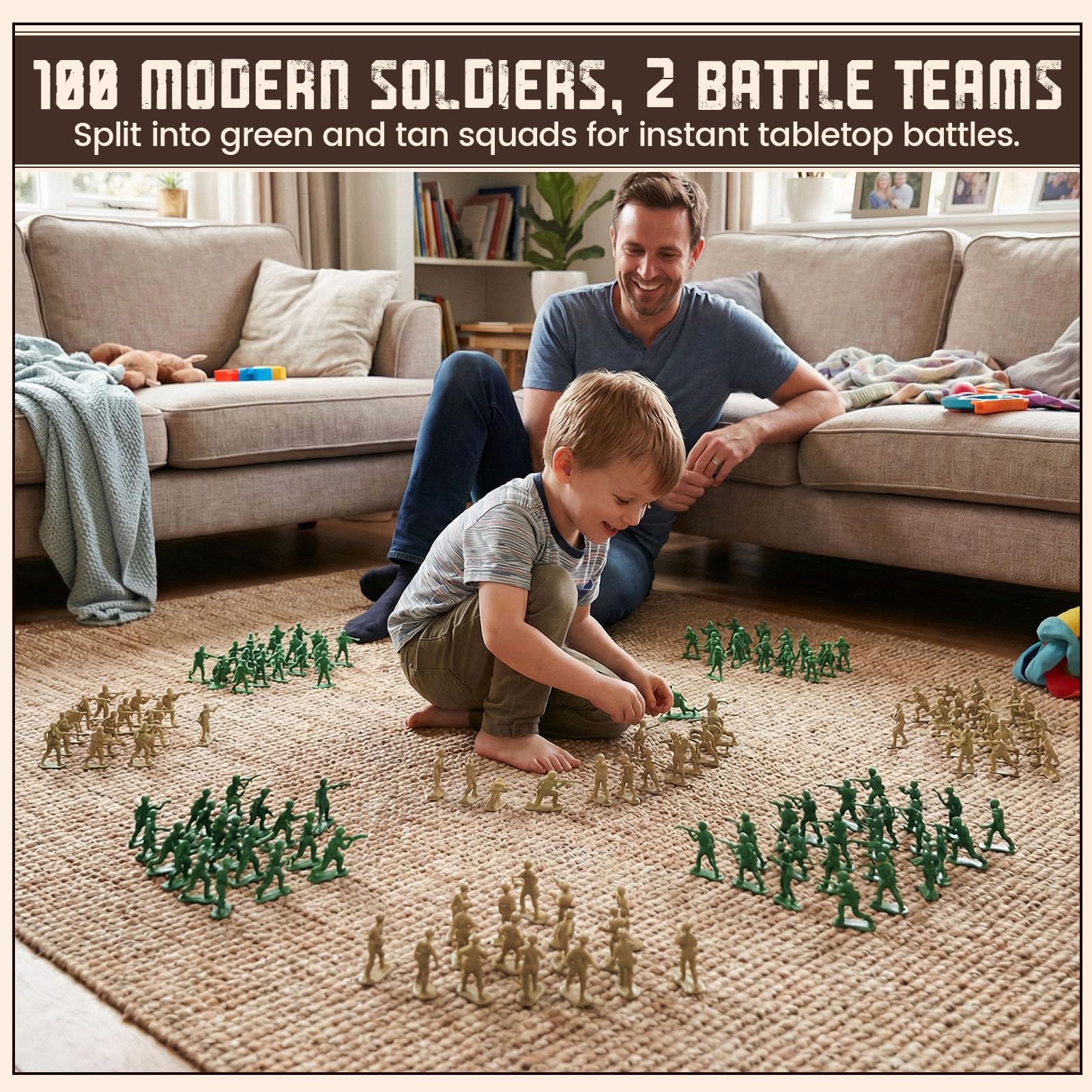 LovesTown 100PCS Army Men Toy Soldiers – 50 Green & 50 Tan Figures with 8 Action Poses Each for Creative Play and School Projects