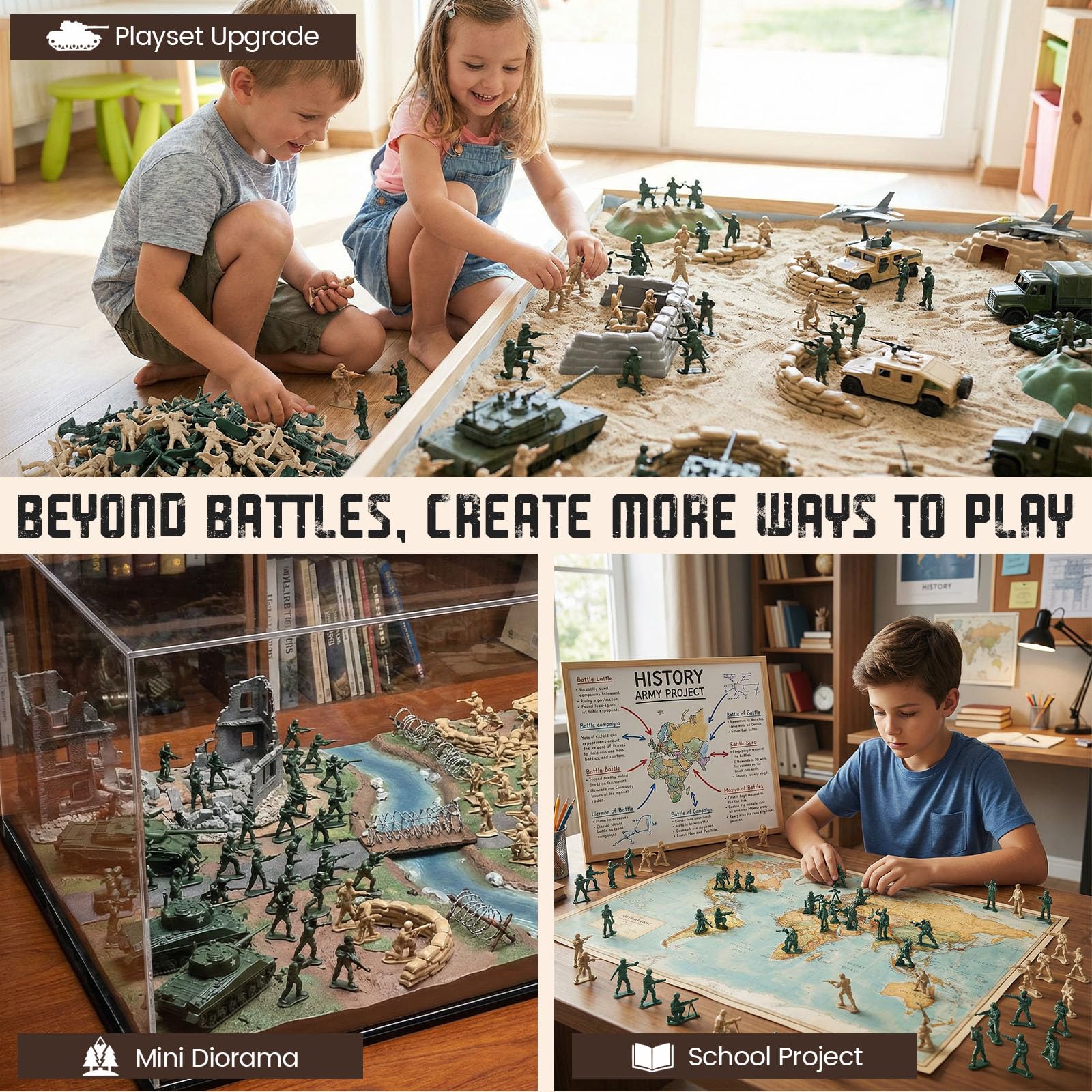 LovesTown 100PCS Army Men Toy Soldiers – 50 Green & 50 Tan Figures with 8 Action Poses Each for Creative Play and School Projects