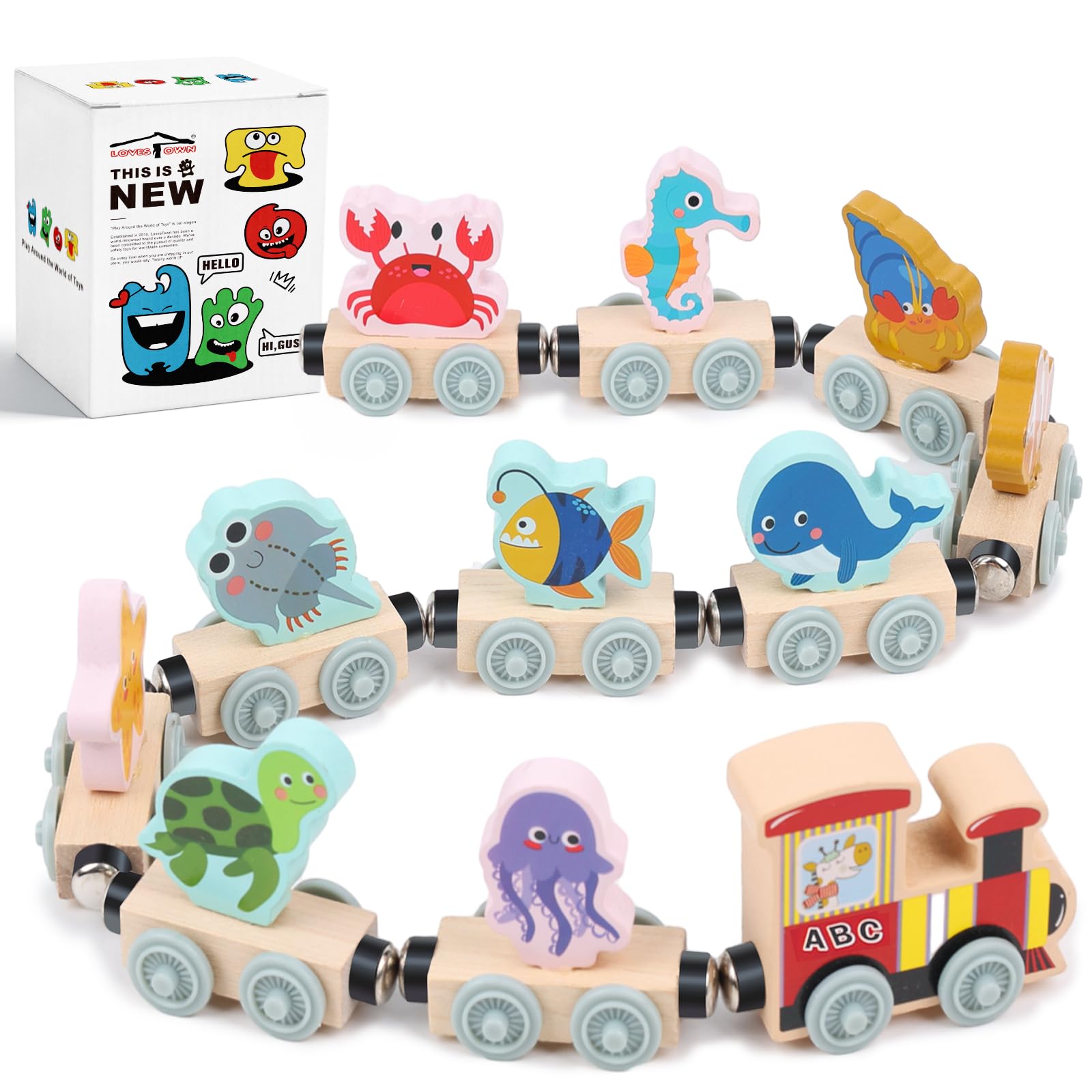LovesTown 11-Piece Magnetic Wooden Sea Animal Train Set - Montessori Learning Toy for Toddlers