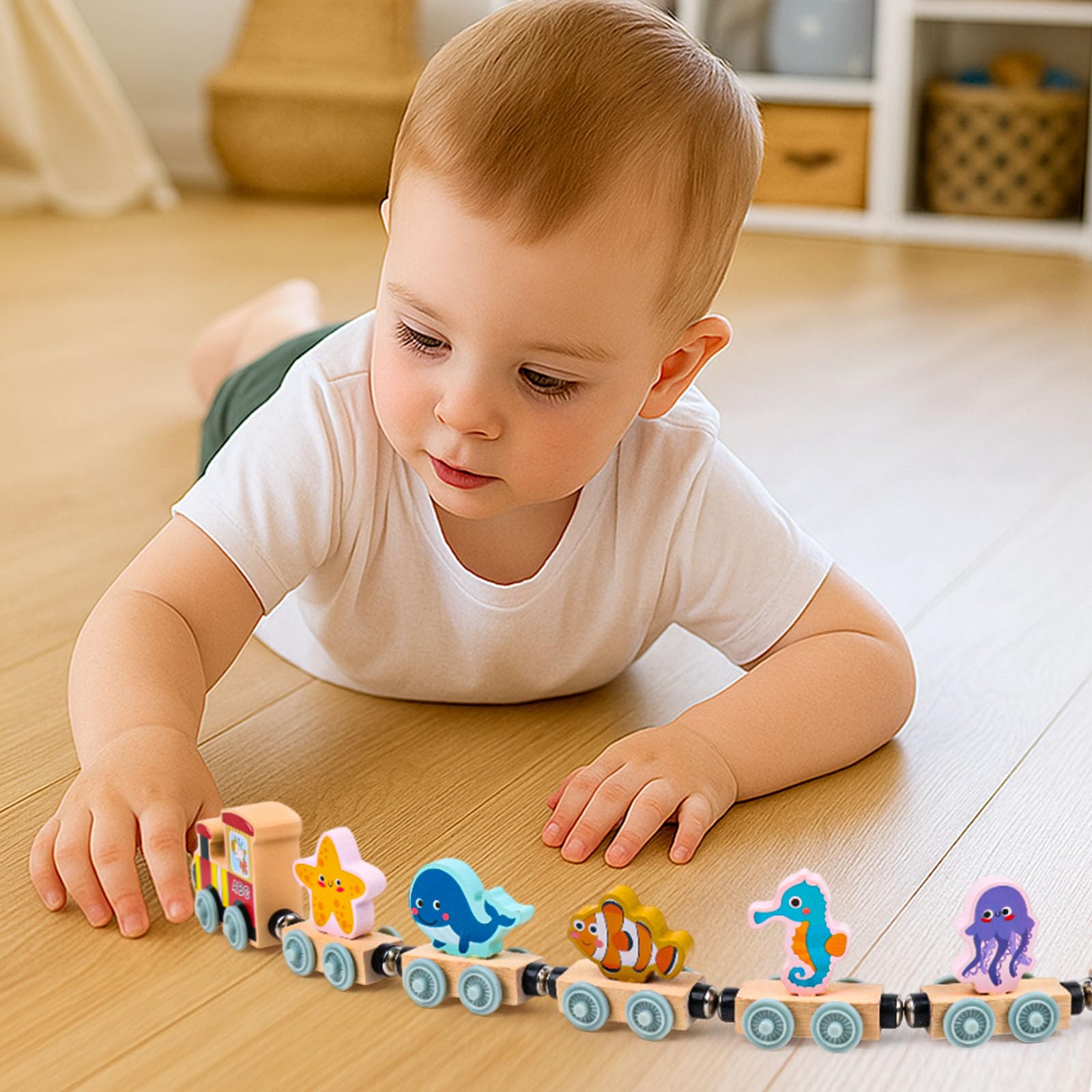 LovesTown 11-Piece Magnetic Wooden Sea Animal Train Set - Montessori Learning Toy for Toddlers