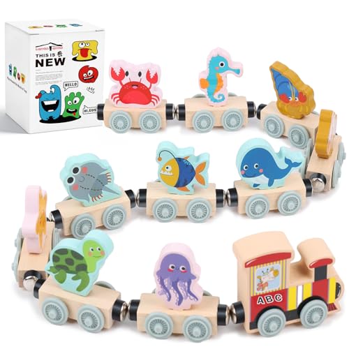 LovesTown 11-Piece Magnetic Wooden Sea Animal Train Set - Montessori Learning Toy for Toddlers