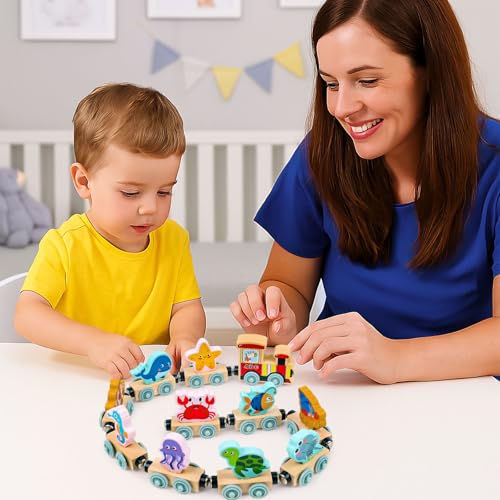 LovesTown 11-Piece Magnetic Wooden Sea Animal Train Set - Montessori Learning Toy for Toddlers