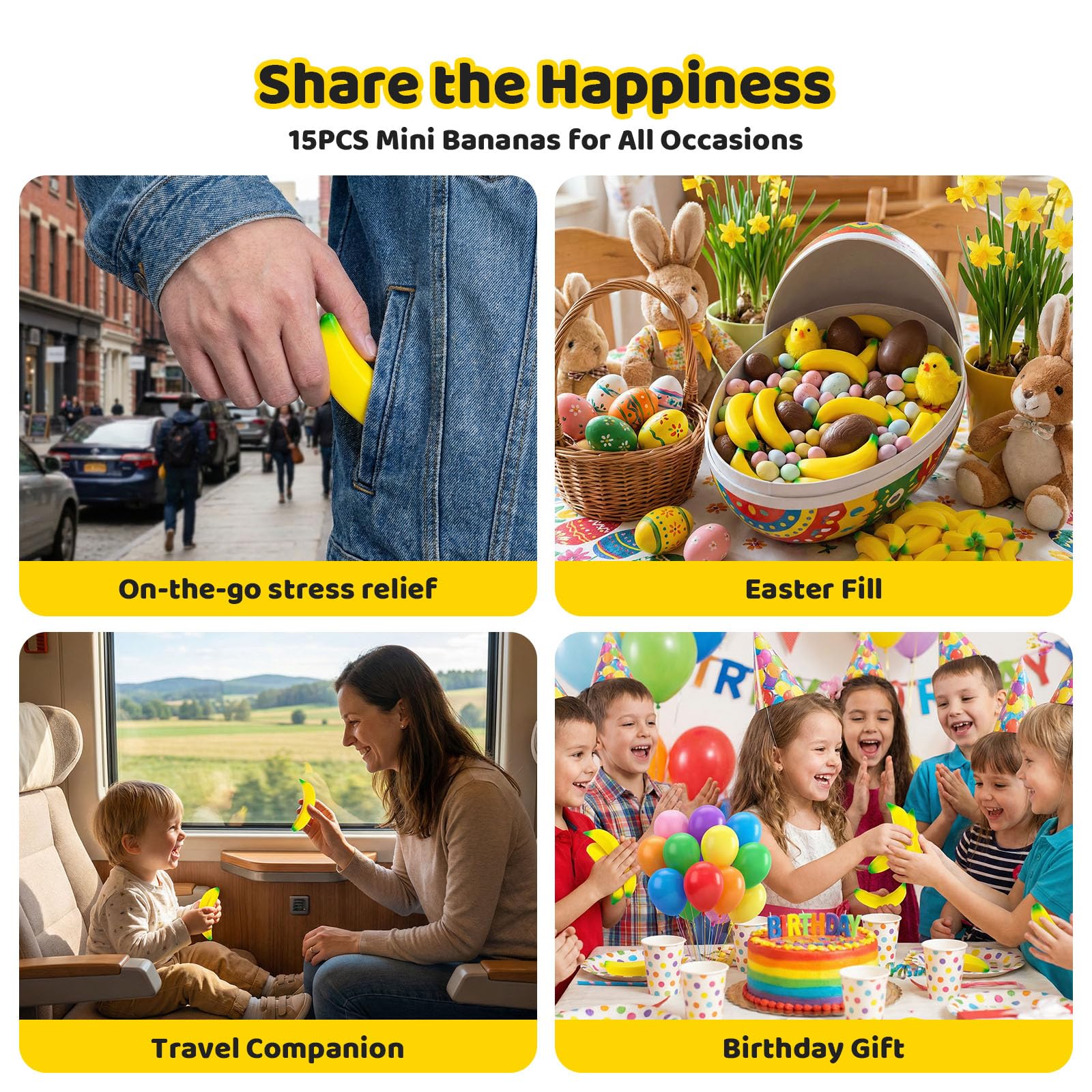 LovesTown 15 Pack Banana Stress Toys - Mini Fidget Squeeze Toys for Kids Party Favors, Classroom Prizes, Stocking Stuffers
