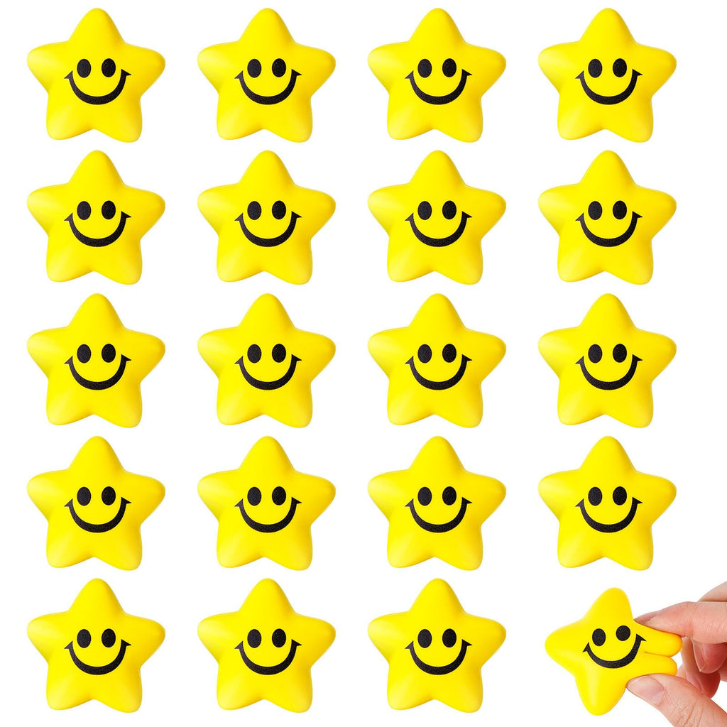 LovesTown 20-Pack Star Stress Balls – 2 Inch Yellow Smile Face Squeeze Toys for Stress Relief and Classroom Prizes