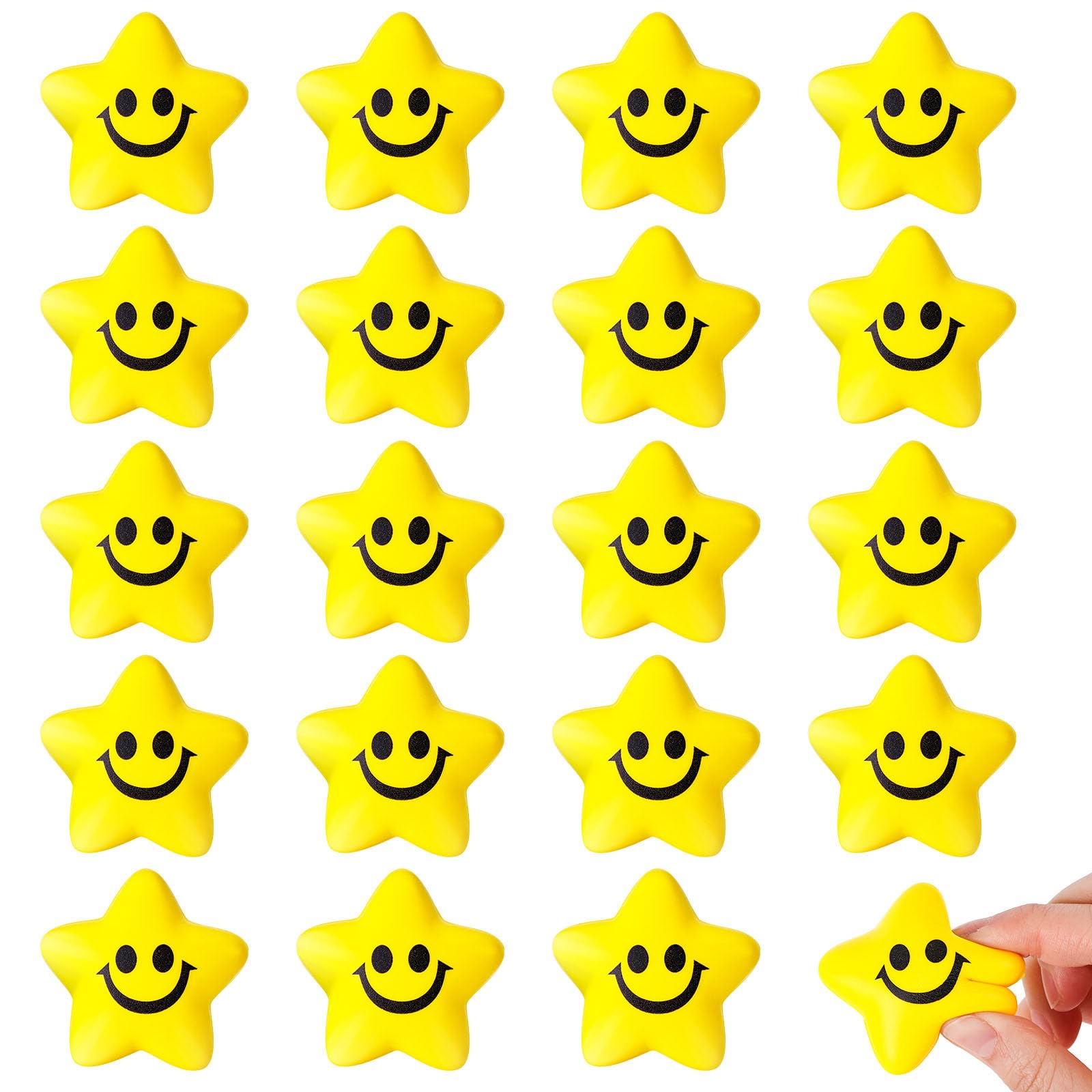 LovesTown 20-Pack Star Stress Balls – 2 Inch Yellow Smile Face Squeeze Toys for Stress Relief and Classroom Prizes