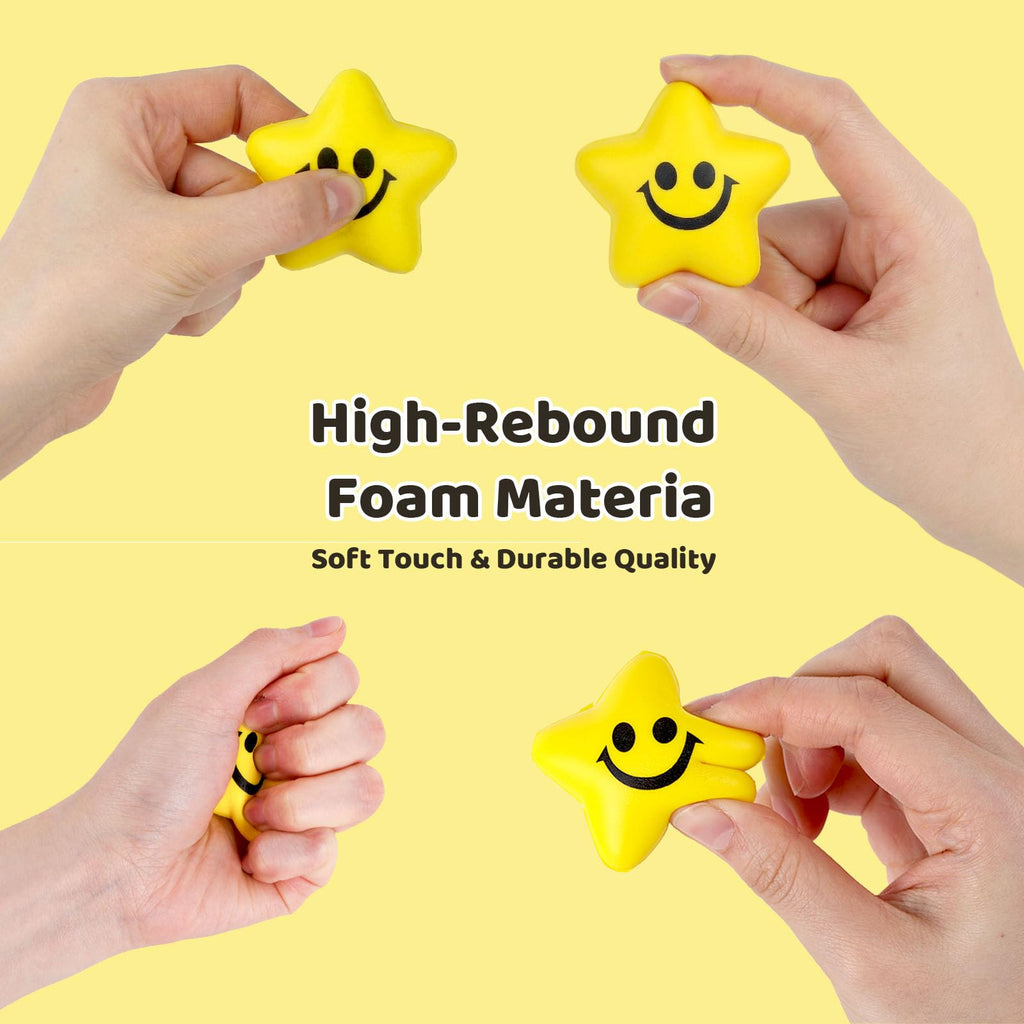 LovesTown 20-Pack Star Stress Balls – 2 Inch Yellow Smile Face Squeeze Toys for Stress Relief and Classroom Prizes