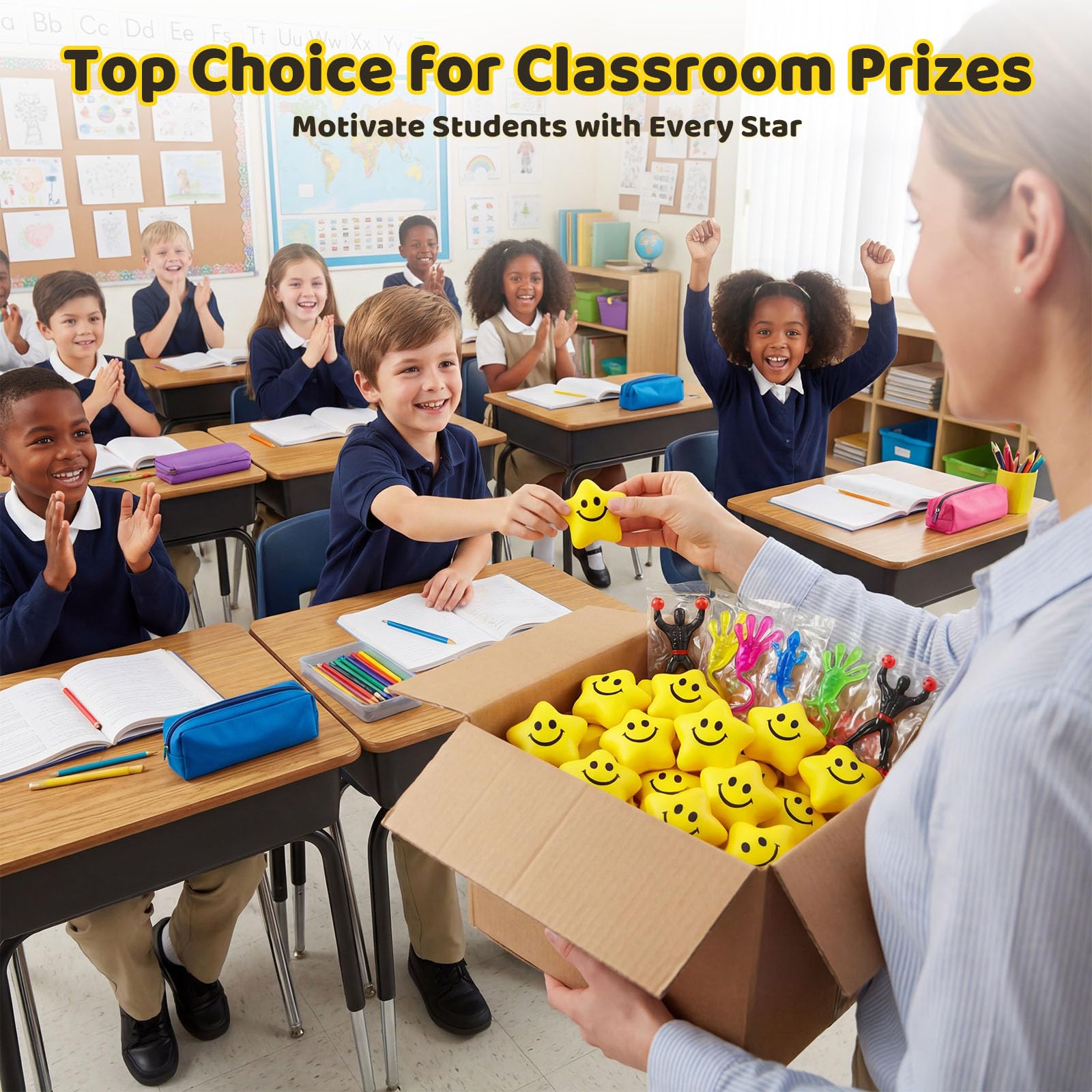 LovesTown 20-Pack Star Stress Balls – 2 Inch Yellow Smile Face Squeeze Toys for Stress Relief and Classroom Prizes